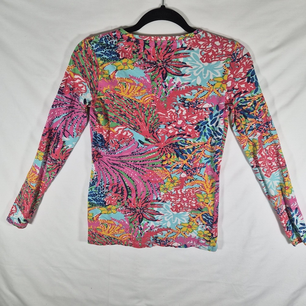 Lilly Pulitzer Women's XS Floral Long Sleeve Top Pink Blue Tropical V Neck - Picture 2 of 9